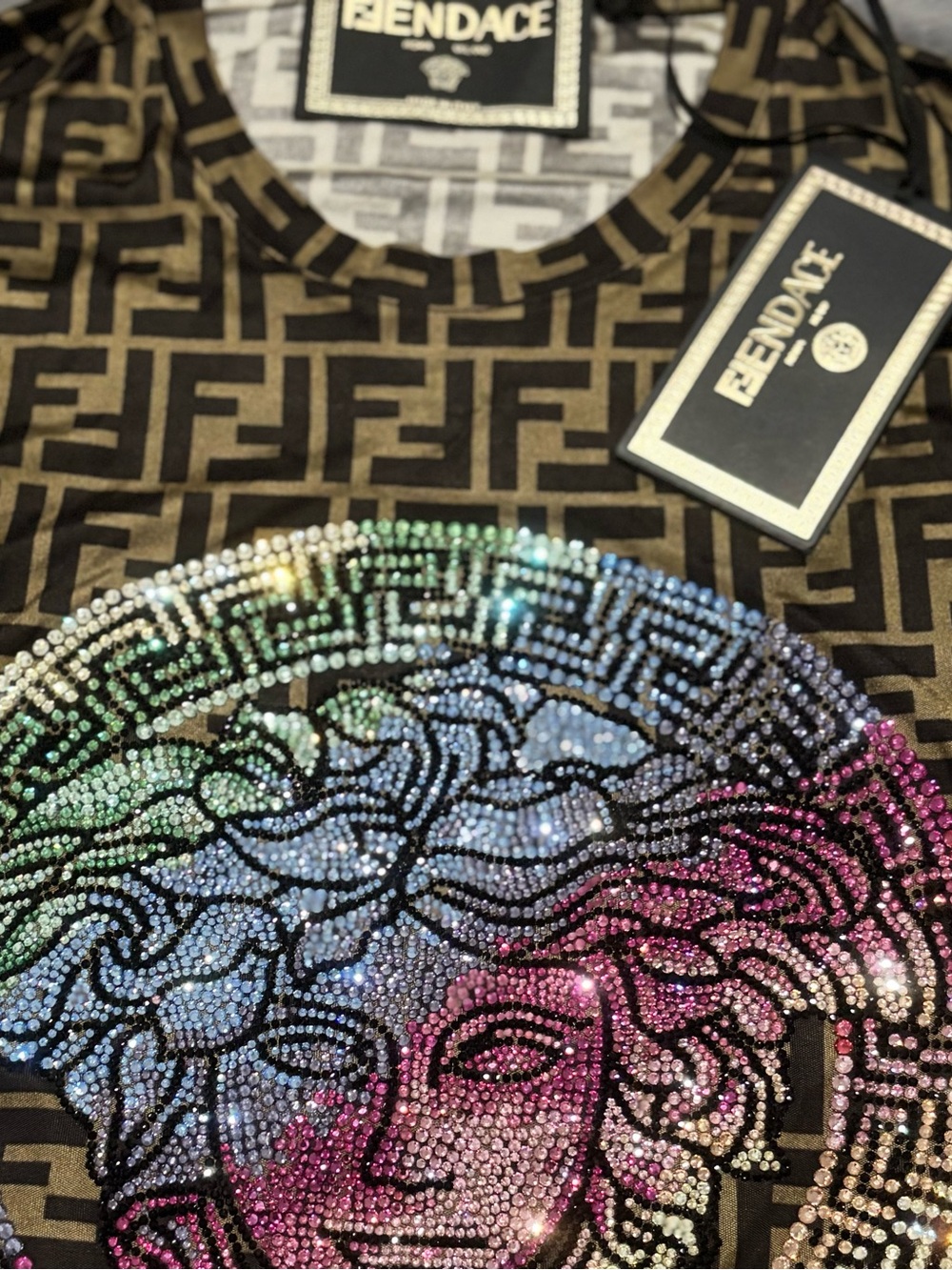 Fendace Fendi x Versace Rhinestone Medusa Logo Long Sleeve Top - Fendi Logo NWT - Picture 7 of 7